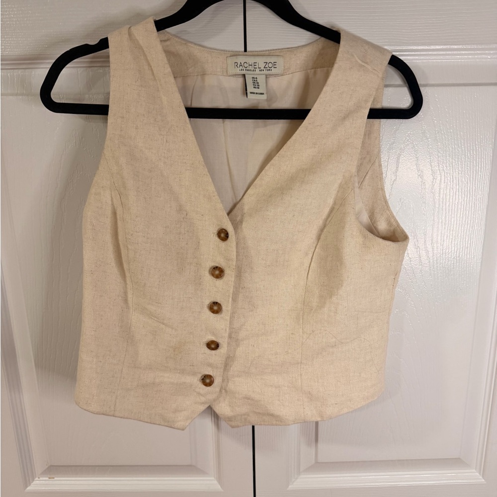Rachel Zoe Linen-Blend Cream V-Neck Button Front Vest